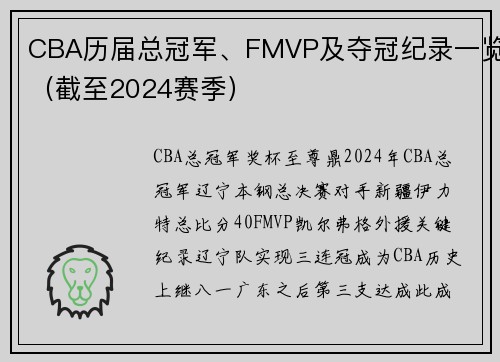 CBA历届总冠军、FMVP及夺冠纪录一览（截至2024赛季）