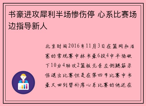 书豪进攻犀利半场惨伤停 心系比赛场边指导新人